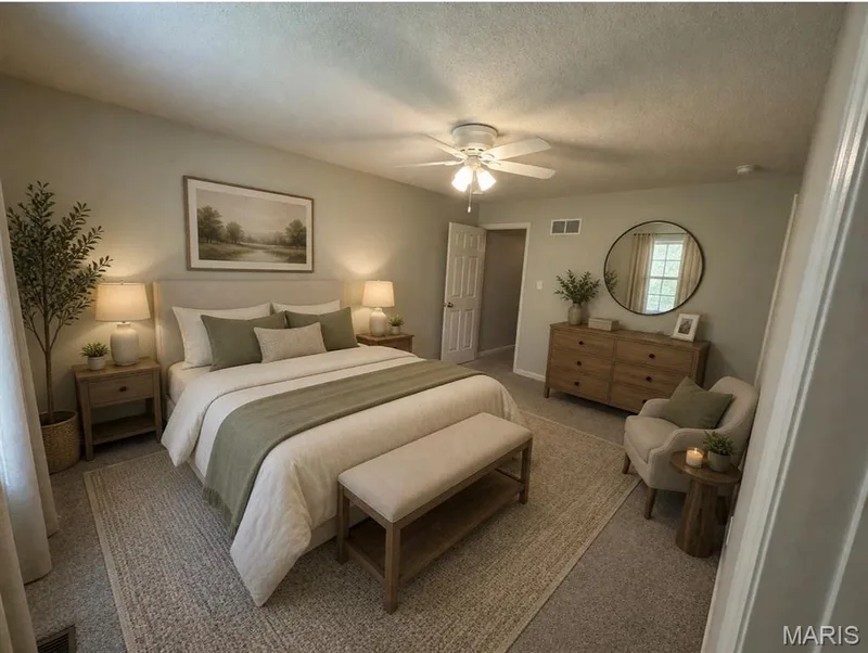 Carpeted bedroom featuring a light-toned upholstered headboard with coordinating side tables — 3245 Domain Street, St Charles, MO 63301