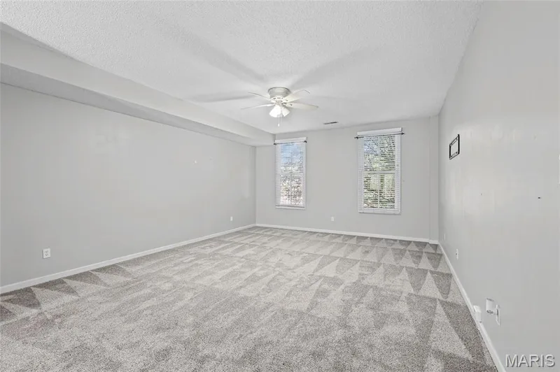 Spacious room featuring patterned carpet, two windows, and a ceiling fan — 3245 Domain Street, St Charles, MO 63301
