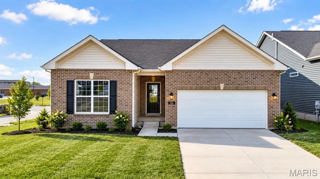 The Audubon elevation 3 by Consort Homes is a 1,734 sq foot ranch style home with 3 bedrooms and 2 bathrooms. Includes a 2 car garage w/2ft. extension and 14x14 composite deck. Corner Lot. — 106 River Wind Drive, St Charles, MO 63301