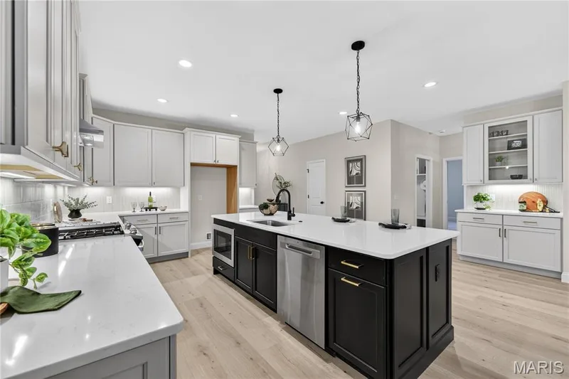 Open-concept kitchen featuring an expansive central island with built-in microwave, stainless steel dishwasher, and black cabinetry — 366 Strawberry Grove Drive, O'Fallon, MO 63376
