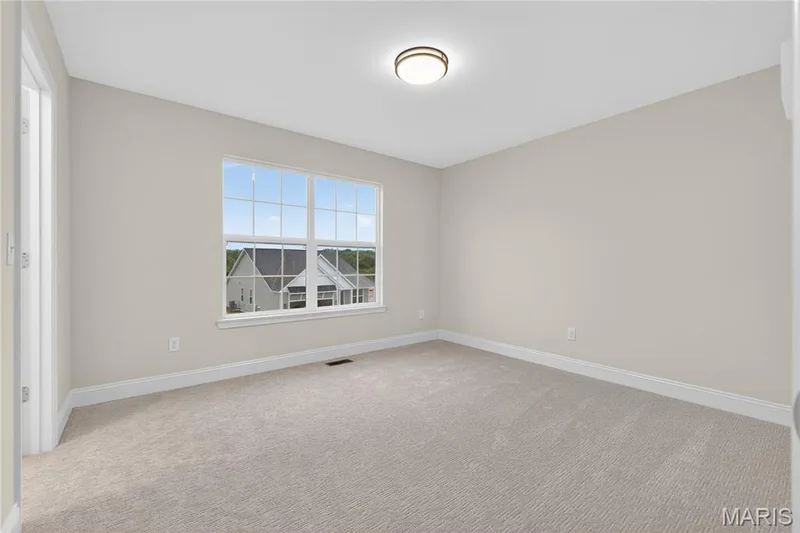 bedroom featuring a large grid-pane window, neutral-toned carpeting, light wall paint, white baseboards, a contemporary ceiling light fixture, and walk-in closet — 369 Strawberry Grove Drive, O'Fallon, MO 63376