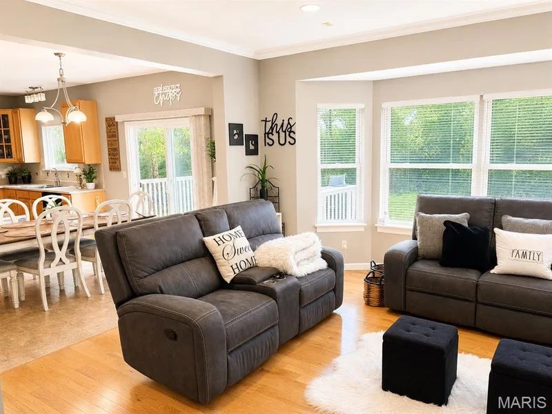 Open-concept living space featuring wood-finish flooring, bay windows, and crown molding — 1126 Manor Cove Drive, St Charles, MO 63304