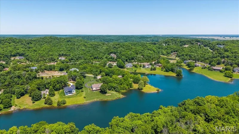 Overhead view of the main lake with this home having the best view possible — 4444 Augusta Shores Drive, Augusta, MO 63332