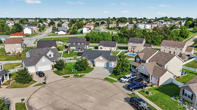 Aerial view highlighting the home’s desirable cul-de-sac location — 18 Sonnet Way Court, Wentzville, MO 63385