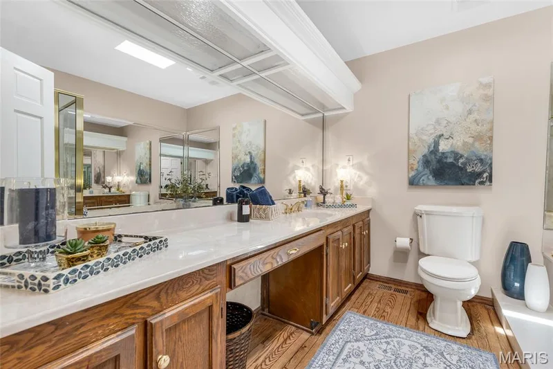 Large bathroom featuring large soaking tub and separate shower and sky light for natural lighting — 16 La Rochelle Court, Lake St. Louis, MO 63367