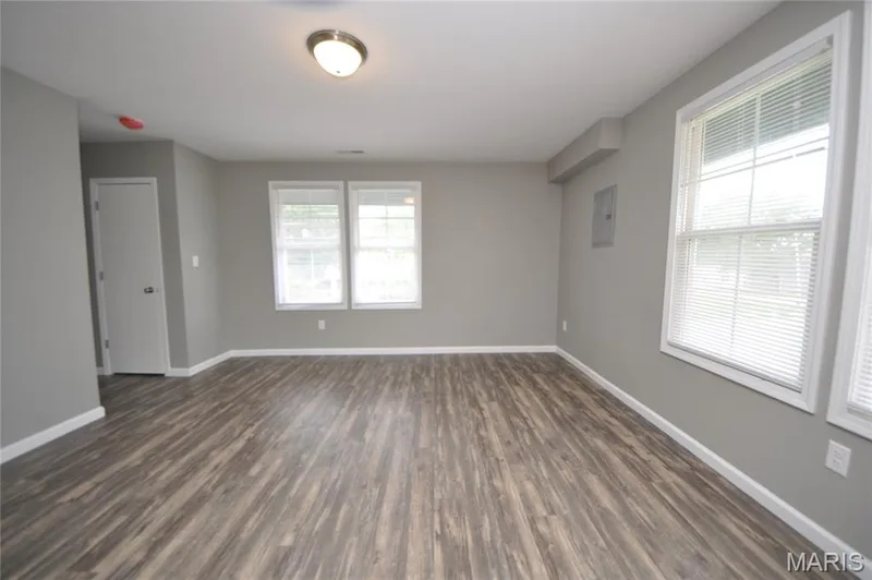 Expansive interior space featuring wood-finish flooring, two windows with blinds, a ceiling-mounted light fixture, and a white interior door — 502 S Linn Avenue, Wentzville, MO 63385