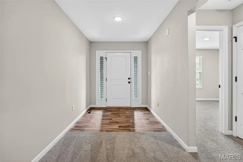 Entryway featuring a white paneled door with sidelights, wood-finish flooring, recessed lighting, and light gray wall paint — 112 Creek Haven Court, Lake St. Louis, MO 63367