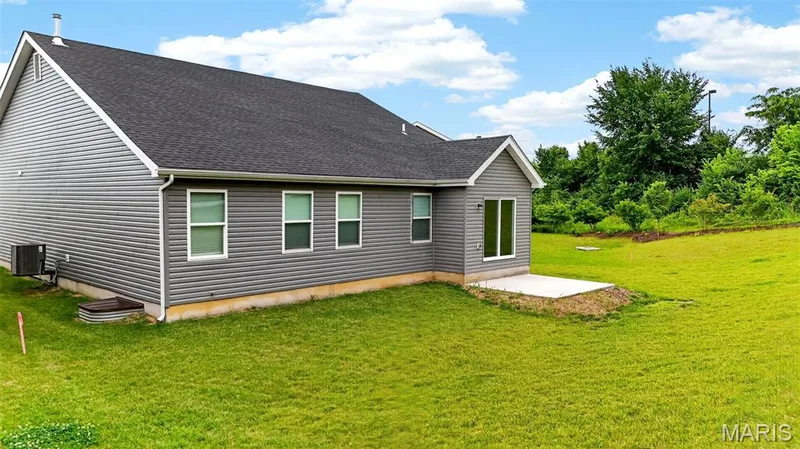 Rear exterior featuring grey siding, a dark shingle roof, multiple windows, a sliding glass door, and a concrete patio — 112 Creek Haven Court, Lake St. Louis, MO 63367
