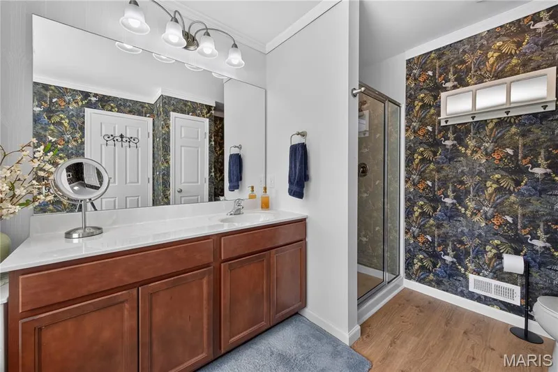 Tall Oversized Wood Vanity with Cultured Marble Sink Top! Designer Wall Paper & Crown Molding! — 156 Hidden Bluffs Drive, Lake St. Louis, MO 63367