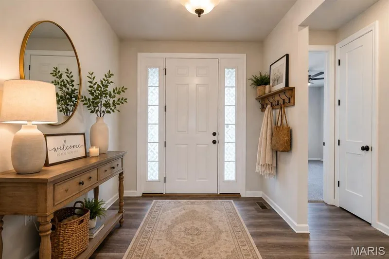 Laminate floor flows from the entry way, into the living room, kitchen and dining room — 118 Riding Crop Lane, Wentzville, MO 63385