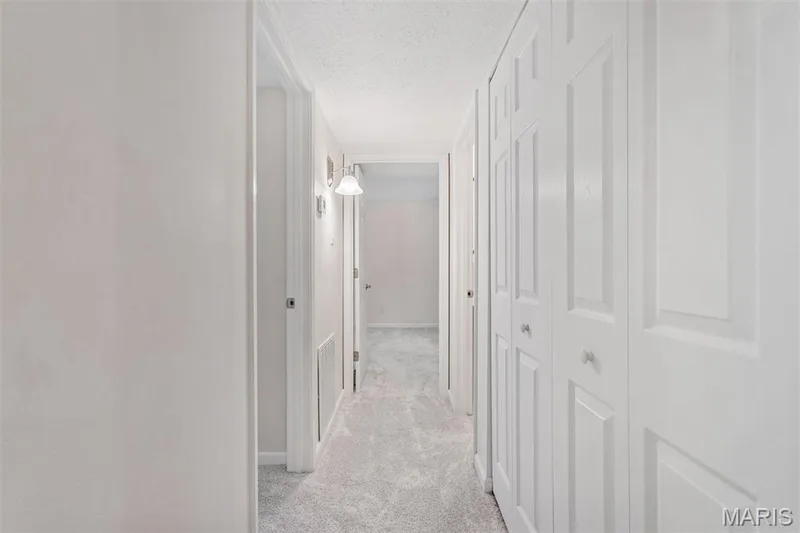 Hallway featuring light gray carpet flooring, white paneled doors, and wall-mounted sconce lighting — 1511 Hampton Hall Drive #10, Chesterfield, MO 63017