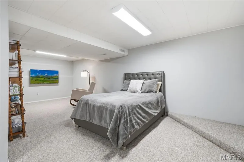 Carpeted interior space with light gray walls, a drop ceiling, and surface-mounted fluorescent lighting — 2510 Balaji Court, Wildwood, MO 63011
