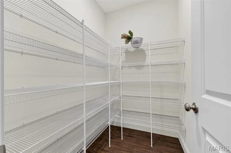 Built-in wire shelving, dark wood-finish flooring, white walls, and a paneled door with brushed nickel hardware — 401 Hamlet Court, O'Fallon, MO 63367