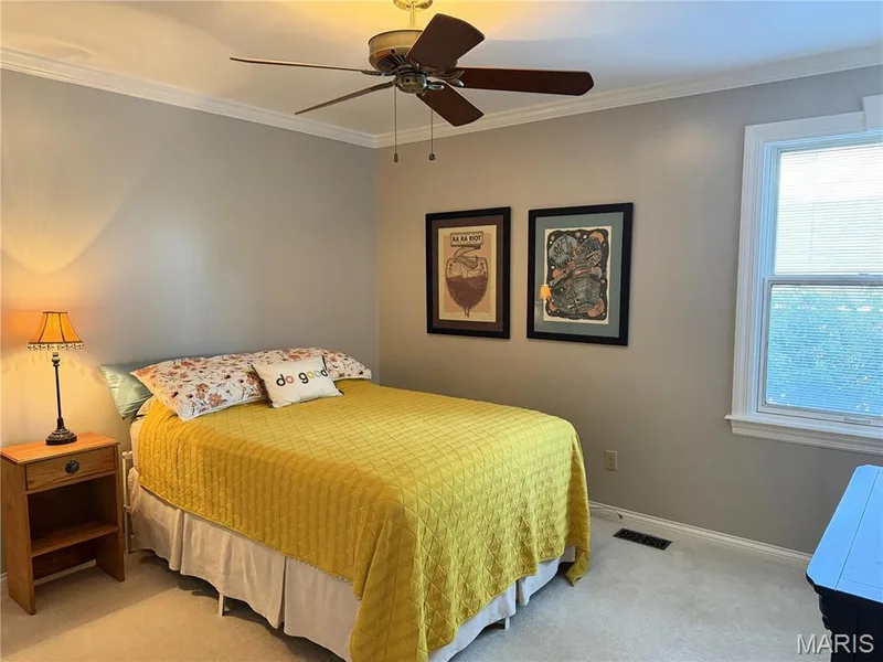 Wall-to-wall carpeting, crown molding, and a ceiling fan with light fixture — 14238 Kinderhook Drive, Chesterfield, MO 63017
