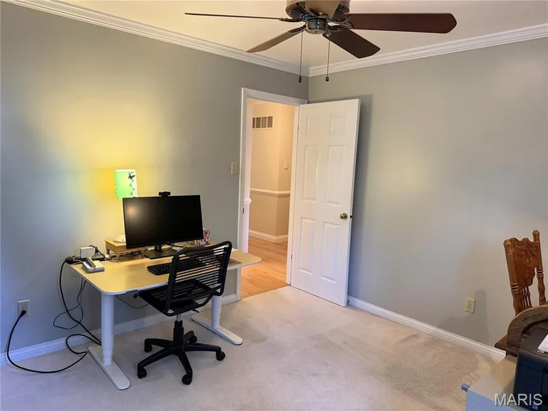 Neutral wall paint, crown molding, ceiling fan, and carpeted flooring — 14238 Kinderhook Drive, Chesterfield, MO 63017