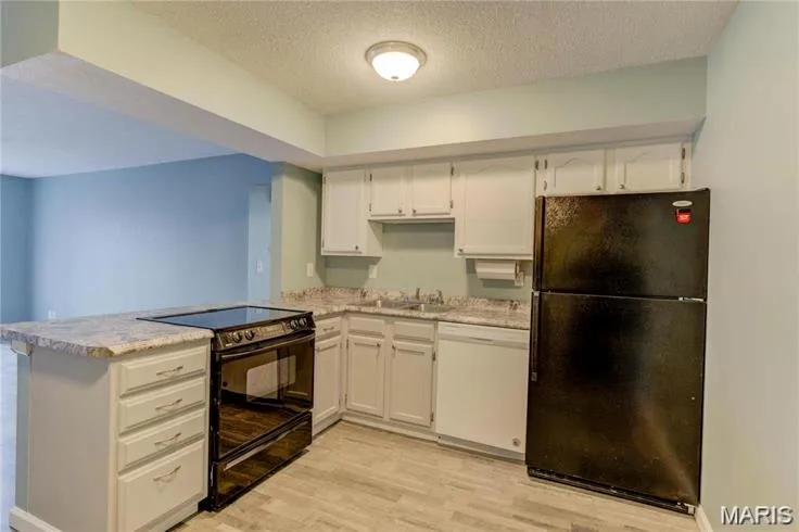 Kitchen featuring white cabinetry, light-toned countertops, and wood-finish flooring — 1430 Summergate Parkway #J, St Charles, MO 63303