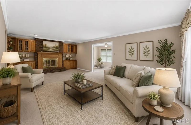 Spacious living area featuring a central fireplace with a wood mantle and brick surround — 3672 Hawks Rest Road, Wildwood, MO 63069