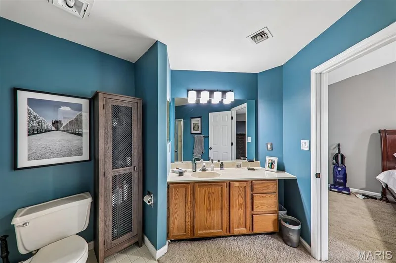 Bathroom featuring a dual vanity with a light-colored countertop and wood cabinetry — 16180 Lea Oak Court, Chesterfield, MO 63017