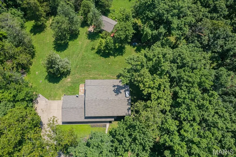 Expansive property featuring a shingled roof, surrounding mature trees, a concrete driveway,  Wood shop/She Shed and barn — 44 Wilderness Lane, Defiance, MO 63341