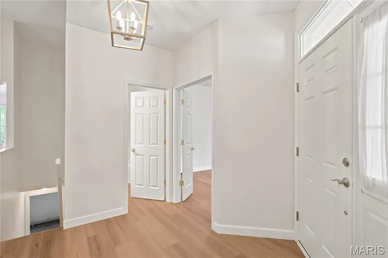 Entryway featuring wood-finish flooring, a contemporary overhead light fixture, white paneled doors, and a transom window above the main entry — 704 Harrier Drive #V, Lake St. Louis, MO 63367