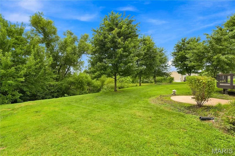 Park-like backyard framed by mature trees — 539 Sunshine Brook Drive, Wentzville, MO 63385