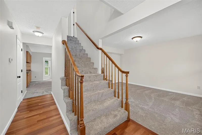 Entryway featuring wood-finish flooring, a carpeted staircase with a wooden banister, and a white interior door with black hardware — 4014 Treeshadow Drive, St Peters, MO 63376