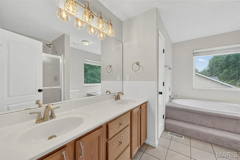 Bathroom featuring a dual vanity with light wood cabinetry, a large mirrored wall, and a multi-light fixture — 4014 Treeshadow Drive, St Peters, MO 63376