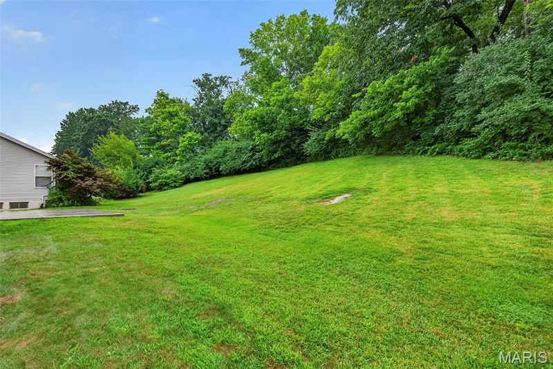 Expansive manicured lawn with mature tree line backdrop and detached outbuilding — 4014 Treeshadow Drive, St Peters, MO 63376