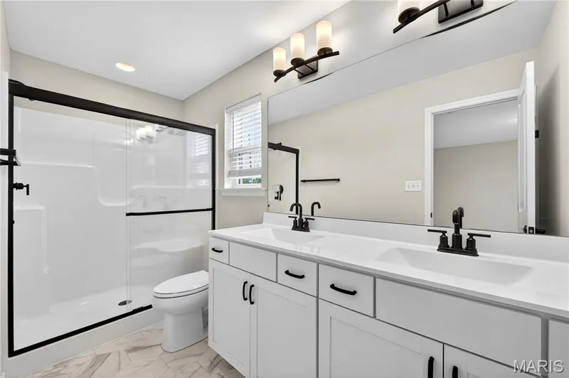 Upstairs Primary Bathroom: Adult height vanity, double bowl sinks — 2810 McClay Road, St Charles, MO 63303