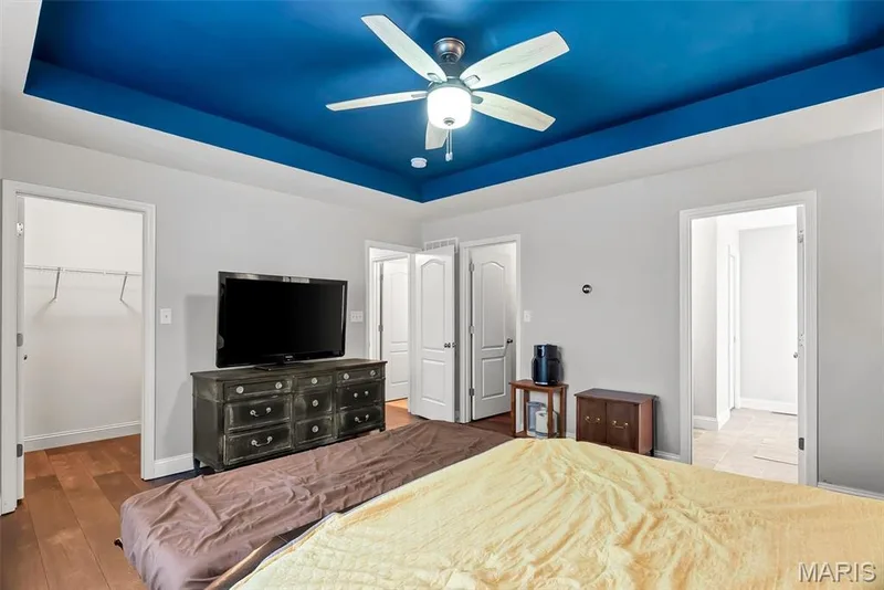 Spacious room with a tray ceiling featuring a vibrant blue accent, ceiling fan with integrated lighting, wood-finish flooring, and white interior doors — 225 Thorn Brook Drive, O'Fallon, MO 63366