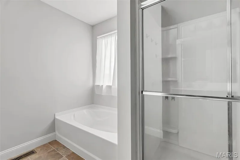 Spa-inspired primary bathroom featuring a freestanding soaking tub with clean lines, frameless glass shower enclosure with chrome hardware, ceramic tile surround, and wood-finish flooring — 225 Thorn Brook Drive, O'Fallon, MO 63366