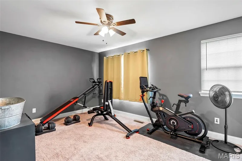 Carpeted room with dark gray walls and a ceiling fan — 225 Thorn Brook Drive, O'Fallon, MO 63366
