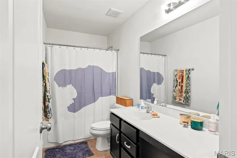 Bathroom featuring a single vanity with dark cabinetry, white countertop, and an integrated sink — 225 Thorn Brook Drive, O'Fallon, MO 63366