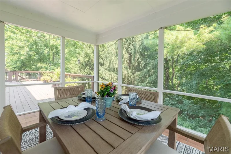 Screened porch featuring a wood-finish floor and white structural columns — 1526 Candish Lane, Chesterfield, MO 63017