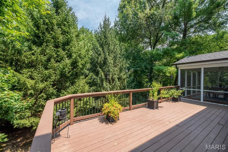 Spacious outdoor deck with wood-finish flooring and railing — 1526 Candish Lane, Chesterfield, MO 63017