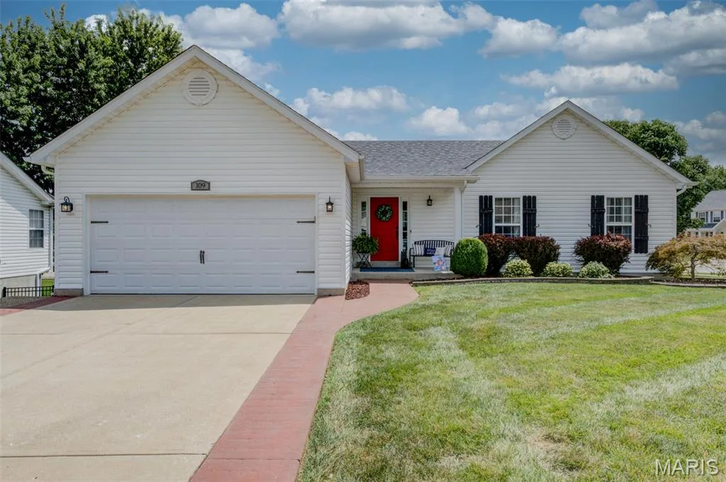 Classic ranch-style home with charming red door. — 109 Emerald Isle Lane, Wentzville, MO 63385