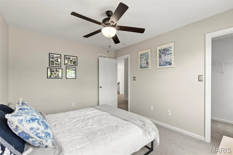 3rd Spacious room with WALK-IN closet featuring neutral-toned walls, plush carpet flooring, two double-hung windows, and a ceiling fan with integrated lighting — 921 Molloy Drive, O'Fallon, MO 63366