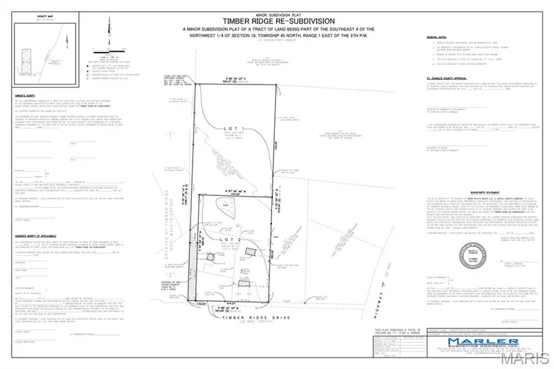 Plat map detailing the division of the property into two lots. Lot 1 and 2 are available and for sale! — 33 Timber Ridge Drive, Marthasville, MO 63357
