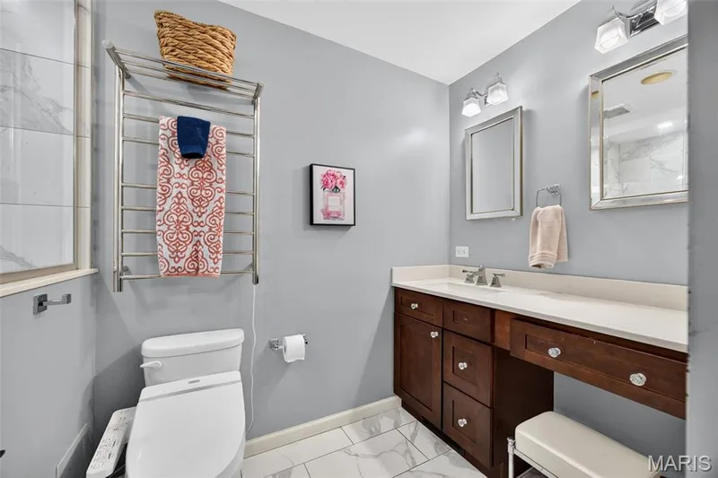 Bathroom featuring a vanity with wood-finish cabinetry, a white countertop, and dual mirrors with sconce lighting — 4 Chantilly Court, Lake St. Louis, MO 63367