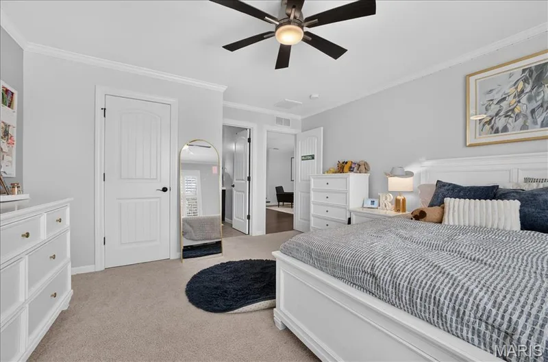 Carpeted room featuring a ceiling fan with light, crown molding, white paneled doors, and a decorative mirror — 302 Oak Stand Court, Chesterfield, MO 63005