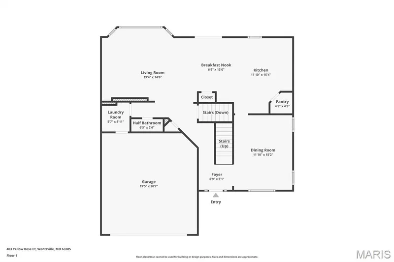 Main level floor plan featuring a two story entry foyer, dining room, open concept kitchen and living room, convenient half bath, and main floor laundry located in the entry from the garage. — 403 Yellow Rose Court, Wentzville, MO 63385