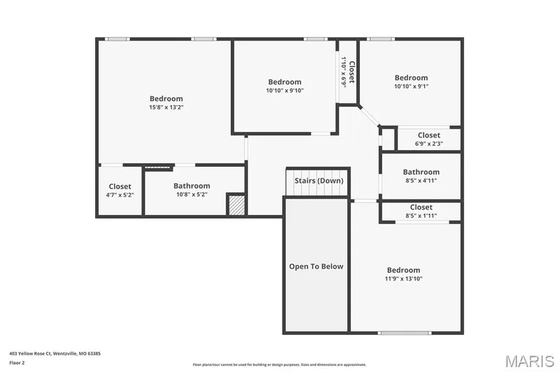 Upper level floor plan featuring 4 bedrooms and 2 full baths, with an open railing along the stairwell, providing an open view down to the entry foyer. — 403 Yellow Rose Court, Wentzville, MO 63385