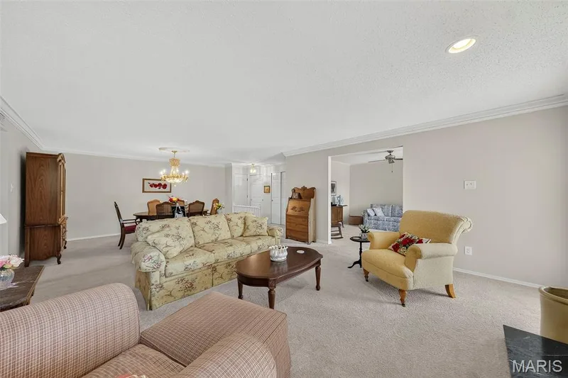 Living Room and View of Den and Dining — 1530 Bedford Forge Court #15, Chesterfield, MO 63017