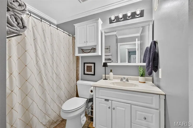 White vanity with integrated sink and chrome fixtures — 708 Woodland Ridge Drive, St Peters, MO 63376