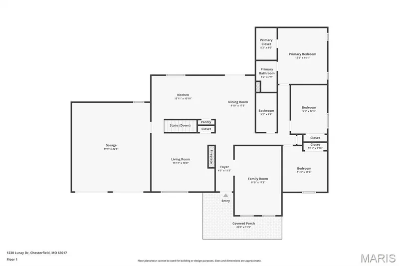 First Floor floor plan, note the photographer switched the living and family room names. — 1230 Luray Drive, Chesterfield, MO 63017