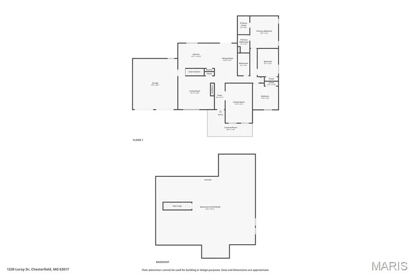 First Floor and unfinished basement floor plans, note the photographer switched the living and family room names on the first floor. — 1230 Luray Drive, Chesterfield, MO 63017