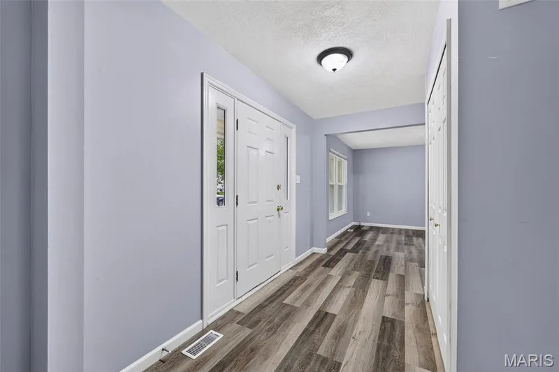 Entryway featuring wood-finish flooring, a white paneled entry door with sidelight, and a flush-mount ceiling light fixture — 2947 Bromley Drive, O'Fallon, MO 63368