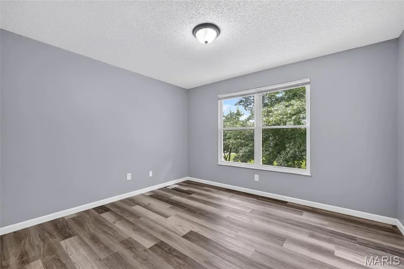 Spacious room featuring wood-finish flooring, light gray walls, and a large window — 2947 Bromley Drive, O'Fallon, MO 63368