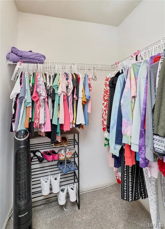 Walk-in closet featuring wire shelving, multiple hanging rods, and light gray carpet flooring — 3 Floral Court, O'Fallon, MO 63368