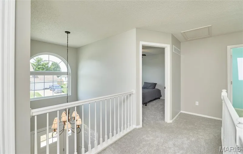 Upper-level hallway featuring light gray walls, plush gray carpeting, and a white baluster railing — 3 Floral Court, O'Fallon, MO 63368